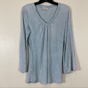 Andrzej Kolaska Linen Blouse Top Linen Scoop V Neck Blue Top Long Sleeve
